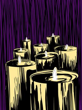 Large wax candles over purple background