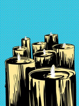 Group of large lit candles over blue halftone