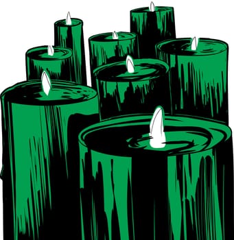 Group of 8 green lit candles over white