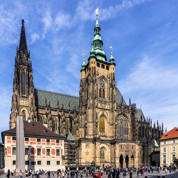 The Metropolitan Cathedral of Saints Vitus, Wenceslaus and Adalbert in Prague, a stunning example of Gothic architecture containing the tombs of Bohemian kings and Holy Roman Emperors.