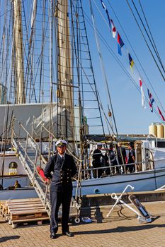 Officer on duty by the gangplank during Nordic Cadet Meeting (NOCA) in Ystad, annual event arranged by naval warfare academies of Sweden, Norway, Denmark and Finland.