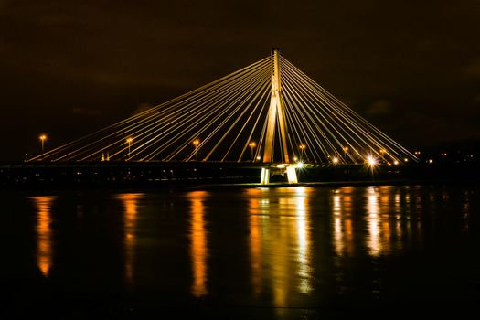 The Swietokrzyski Bridge over Vistula river in Warsaw. First modern cable-stayed bridge in Warsaw, 479 m long with the tower 90 m high, opened in October 2000