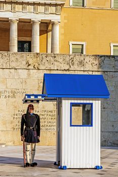 The guard at the Greek Tomb of the Unknown Soldier in Athens. The guard is held by The Evezones, a ceremonial traditionally uniformed unit of The Presidential Guard.