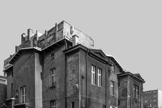 Black and white cityscape, Katowice, Silesia region, Poland.