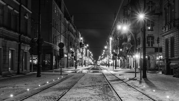 Night cityscape of Katowice, Silesia region, Poland.