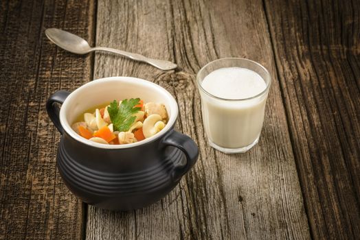 Bowl of homemade delicious chicken noodle soup.