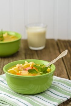 Bowl of delicious homemade chicken noodle soup.