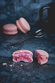 French pink sweet macaroons close up