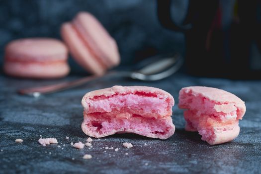 French pink sweet macaroons close up