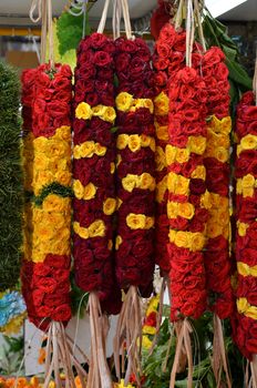 Flower garlands and basket of flower used for hinduism religion in Little India, Singapore
