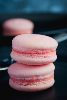 French pink sweet macaroons close up