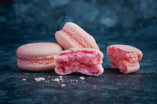 French pink sweet macaroons close up