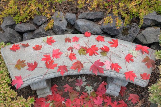 Red Maple Leaves on Conrete Stone Garden Bench During Fall Season