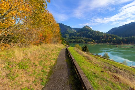 Hiking Trail along Columbia River Gorge in Washington State during Fall Season