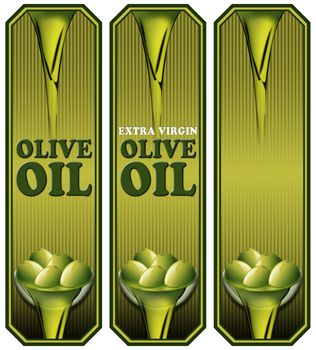 Collection of three labels with green olives and oil, text Olive oil and Extra virgin. Isolated on white background