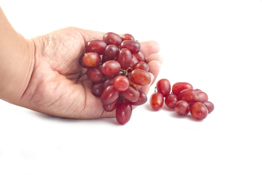 The red grapes on hand on white background select focus