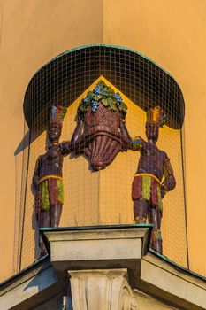 Close-up of the sculpture on the facade of Sub Aethiopibus Tenement in the Main Market Square in Krakow, Poland.