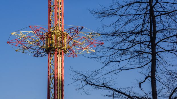 Drop tower in an amusement park in Chorzow, Silesia region, Poland.