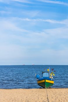 Fishing boat on the beach in Orlowo, district of Gdynia, Poland