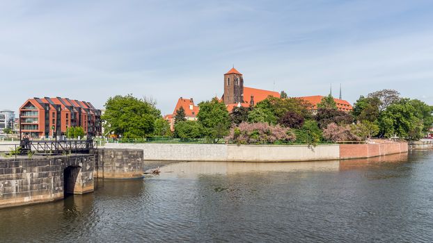 Overall view on Sand Island (Wyspa Piasek) on the Oder River in Wroclaw, Poland. In the center the Church of the Blessed Virgin Mary.