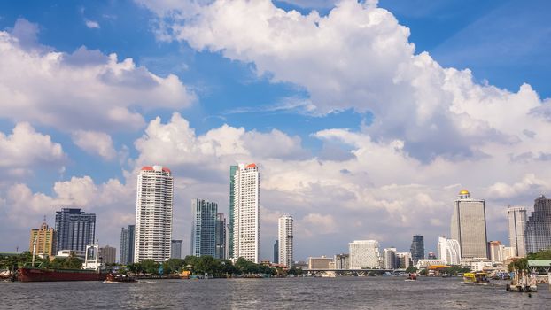 Cityscape of Bangkok, capital of Thailand. The city occupies 1.568 square kilometers in the Chao Phraya River with a population of over 8 million inhabitants.