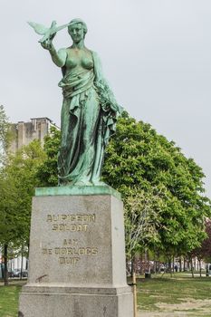The statue of the Soldier Pigeon in Brussels, The Victor Voets, on May 2, 2013. Unveiled in 1931 commemorating the pigeons, as well as the pigeon fanciers who gave their lives during World War I