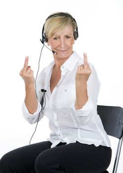 manager woman with the headsets doing midle finger