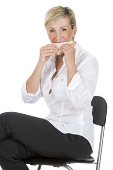 manager woman eating sandwich sat on a high chair
