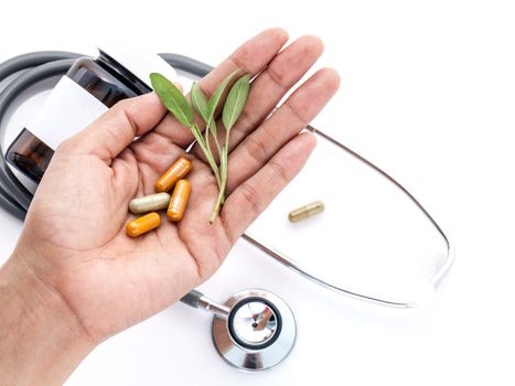Alternative health care fresh herbal and capsule in doctor 's hand on  white background.