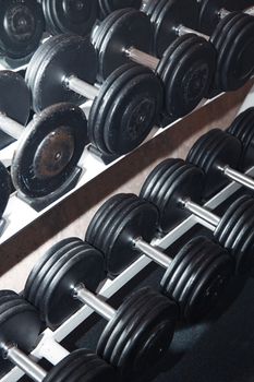 Group of barbells arranged in row at the gym. Vertical photo