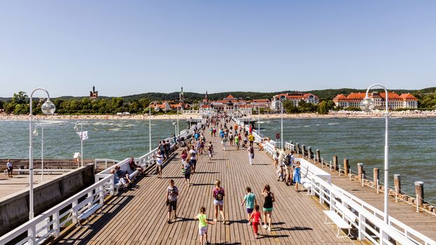 Skyline of Sopot taken out of the wooden pier. The pier built in 1827 at 511 m remains the longest wooden pier in Europe and is the main attraction of the resort.