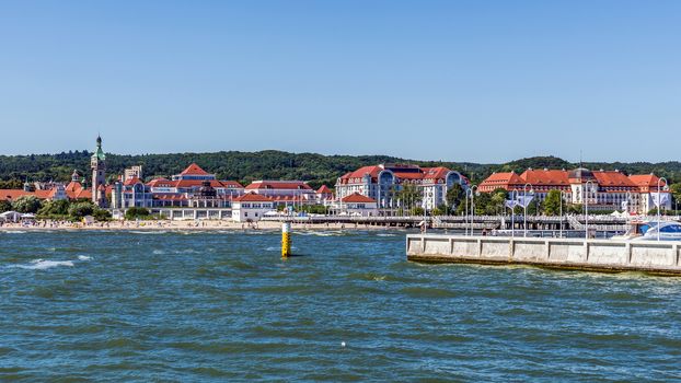 Skyline of Sopot, a major health-spa and tourist resort on the Polish Baltic Sea coast with two luxury hotels, old style Sofitel Grand and modern Sheraton.