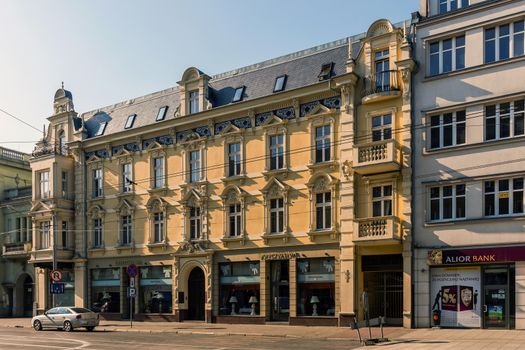 Eclectic tenement in Katowice built in1890 in the style of Historicism with elements of Neo-Baroque. On the ground floor restaurant “Krysztalowa” established in 19th century.