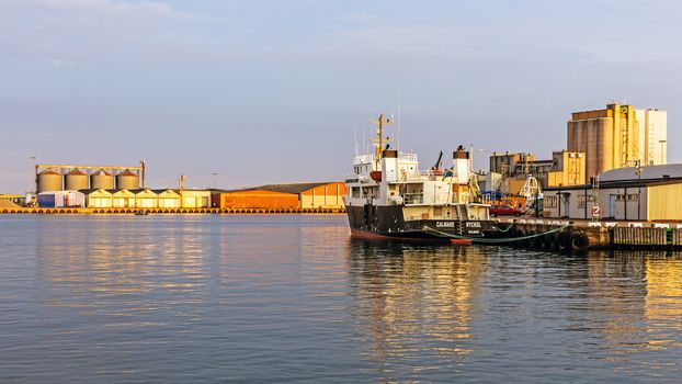 Ship moored in the Port of Kalmar. The port owned by the municipality of Kalmar handles 1 million tons of goods per year mainly petroleum, forestry and agricultural.