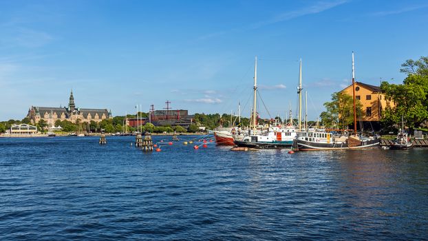View on Djurgarden Island in Stockholm, home to historical buildings and monuments, the Nordic and Vasa Museums, galleries, the amusement park Grona Lund and the open-air Skansen.