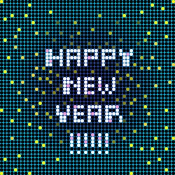 Happy New Year greetings card, pixel Pop Art illustration of a scoreboard composition with digital text and confetti