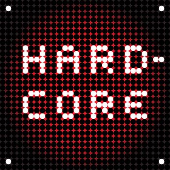 Hardcore punk music banner, pixel illustration of a scoreboard composition with digital text made of dots