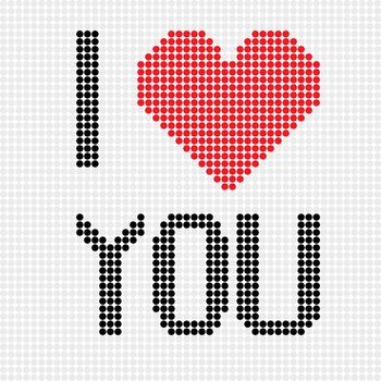 I love you, pixel illustration of a scoreboard composition with digital text and heart shape made of dots