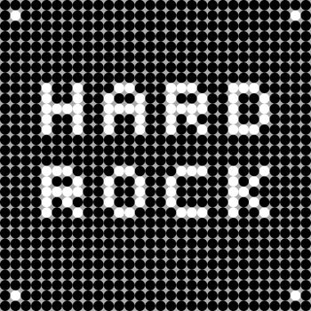 Hard rock music banner, pixel illustration of a scoreboard composition with digital text made of dots