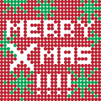 Pop Art illustratiion of a Merry Christamas card, digital text made of white dots over a red pixelated background with green stars