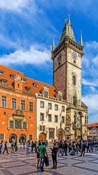 Scenes from the Old Town Square in Prague, a historic place with numerous landmarks, i.a. the medieval astronomical clock, Jan Hus memorial, the Baroque St. Nicholas Church and others.