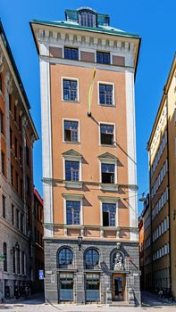 Narrow house on Gamla stan (The Old Town). The town dates back to the 13th century and is the main attraction in the city with a rich collection of medieval architecture.