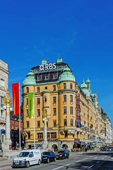 Strandvagen boulevard in Ostermalm district in Stockholm viewed out of Nybroplan square. The boulevard completed for the World's Fair in 1897 is the most prestigious avenue in town.