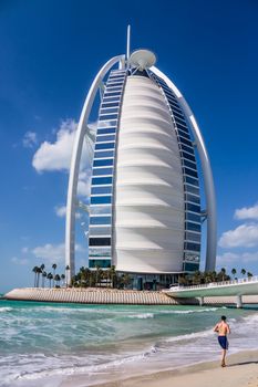 Burj Al Arab in Dubai, considered the world's most luxurious hotel, on February 03, 2013.  Also called "the only seven-star hotel", one of the most recognizable landmarks of Dubai.