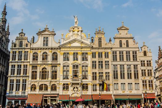Guildhalls in the Grand Place in Brussels on May 02, 2013. The Grand Place is UNESCO World Heritage Site and main attraction of the city, full of tourists 24 hours a day.