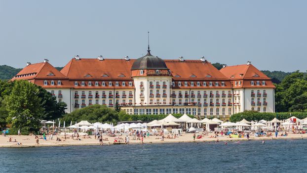 5 stars Sofitel Grand Sopot, on July 08, 2013. Stylish hotel, built in 1927 in Art Noveau and neo-baroque style, remains one of the most recognizable landmarks of the resort.