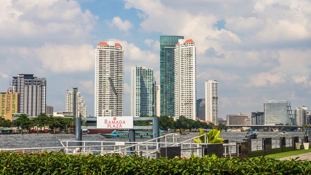 Cityscape of Bangkok, capital of Thailand. The city occupies 1.568 square kilometers in the Chao Phraya River with a population of over 8 million inhabitants.