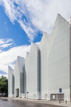 Facade of  The Szczecin Philharmonic Hall designed by Estudio Barozzi Veiga. Original building won the EU's architecture prize, the Mies van der Rohe Award 2015.
