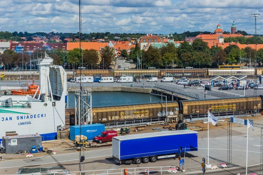 Ferry embarkation in the Port of Ystad. The ferry port provides services to Swinoujscie in Poland and forms a part of the E65 trans-European route Sweden – Greece.