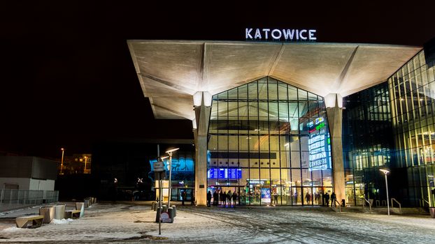 Night view of the new railway station  in Katowice. Together with Galeria Katowicka mall nearby it forms one of the most modern shopping-travel complex in Poland.